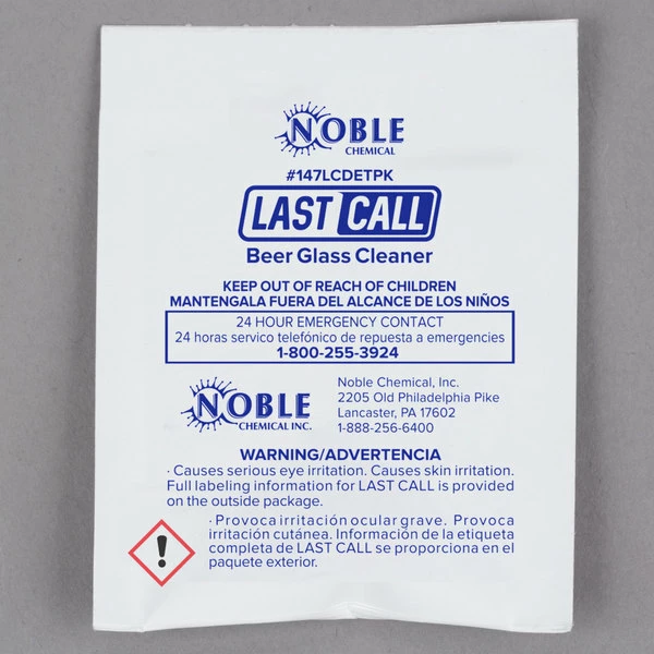 Noble Chemical 0.5 Oz. Last Call Manual Powdered Beer Glass Cleaner Packet - 100/Case 2 Noble Chemical 0.5 Oz. Last Call Manual Powdered Beer Glass Cleaner Packet - 100/Case - Image 2