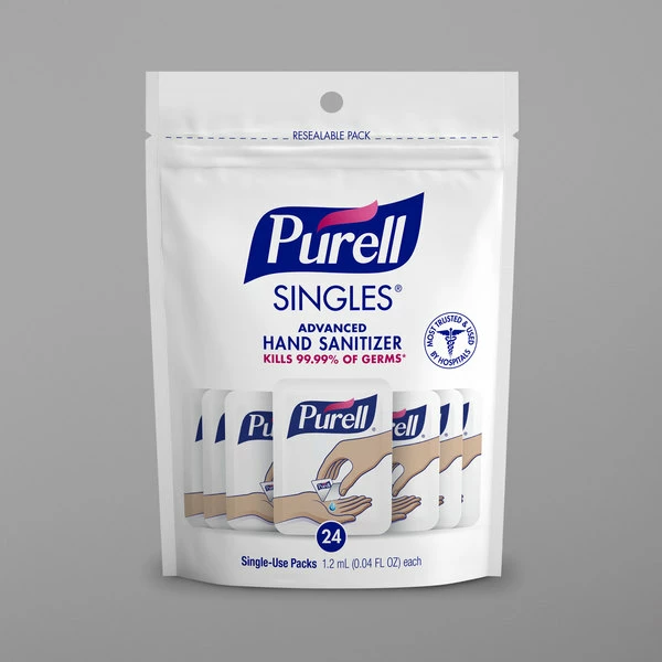 Purell® 9630-55-24CT Advanced Re-Sealable Zipper Pouch With (24) 0.04 Oz. Single Use Hand Sanitizer Packets - 55/Case 1 Purell® 9630-55-24CT Advanced Re-Sealable Zipper Pouch With (24) 0.04 Oz. Single Use Hand Sanitizer Packets - 55/Case