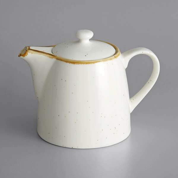 Acopa Keystone 32 Oz. Vanilla Bean Stoneware Teapot With Lid 2 Acopa Keystone 32 Oz. Vanilla Bean Stoneware Teapot With Lid - Image 2