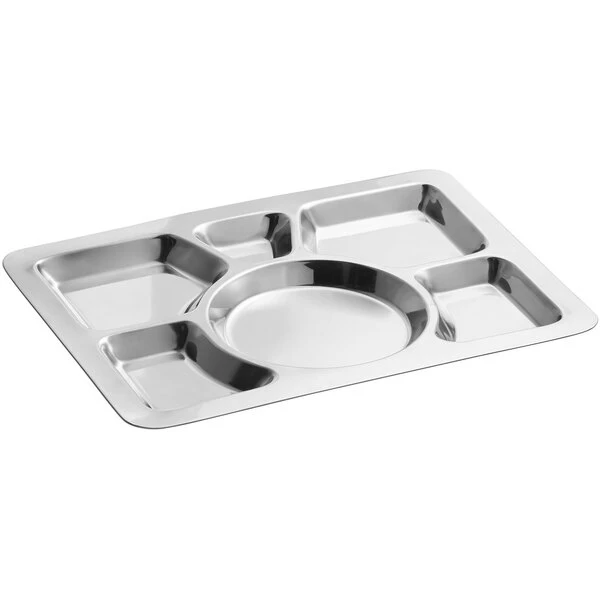 Choice 15 1/2" X 11 1/2" Stainless Steel Rectangular 6 Compartment Tray With Circle Center 2 Choice 15 1/2" X 11 1/2" Stainless Steel Rectangular 6 Compartment Tray With Circle Center - Image 2