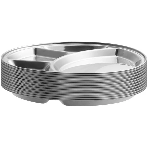 Choice Bulk Case 12 1/2" Stainless Steel 4 Compartment Plate / Thali - 12/Case 3 Choice Bulk Case 12 1/2" Stainless Steel 4 Compartment Plate / Thali - 12/Case - Image 3